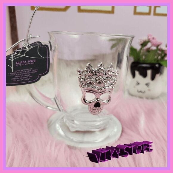 NWT 💖 Rhinestones Skull 16 oz Glass Mug Unique Design #7123 💀 - Picture 1 of 4